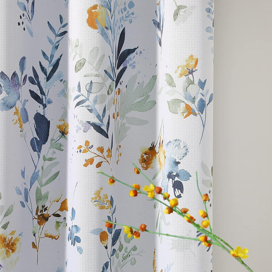 MYSKY HOME Floral Blackout Curtains 63 Inch Long Living Room Bedroom Curtains Thermal Insulated Curtains Room Darkening Curtains Printed Flower Leaf Window Treatments, 2 Panels, Yellow and Blue