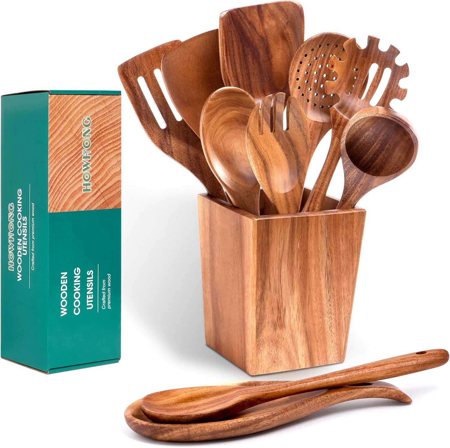Wooden Spoons for Cooking, Acacia Wood Cooking Utensils Set \u2013 11 Piece Wooden Kitchen Tools with Holder, Spoon Rest, Nonstick Cookware Safe by HOWHONG