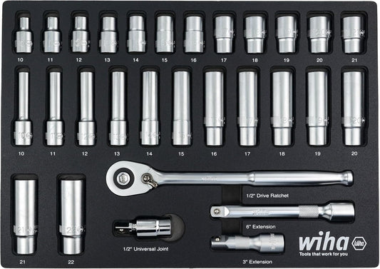 Wiha 33895 29 Piece 1/2" Drive Professional Standard and Deep Socket Tray Set - Metric