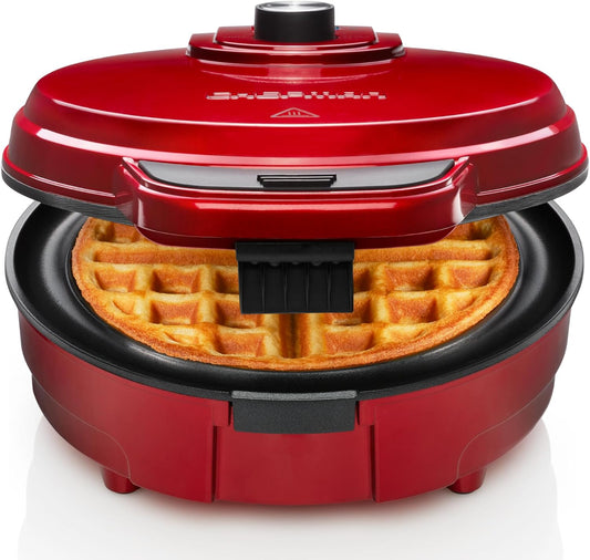 Chefman Anti-Overflow Belgian Waffle Maker w\/Shade Selector, Temperature Control Mess Free Moat, Round Iron w\/Nonstick Plates & Cool Touch Handle, Measuring Cup Included, Red