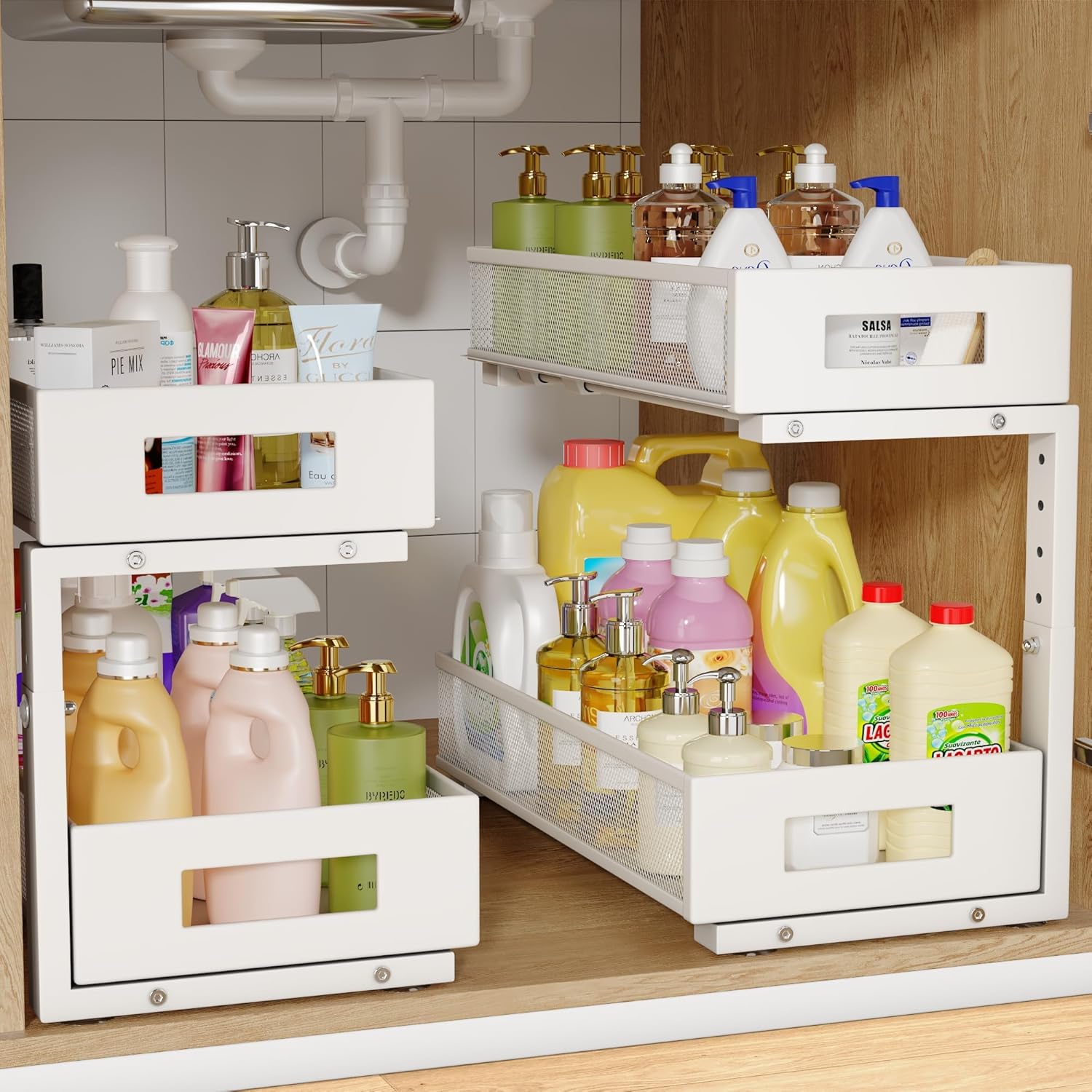 2-Pack Under Sink Organizers And Storage,Large Capacity 2-Tier Pull-Out Cabinet Organizer With Upgraded Tube Rails,Adjustable Height Sliding Drawers,Sturdy Mesh Shelves For Kitchen&Bathroom-White