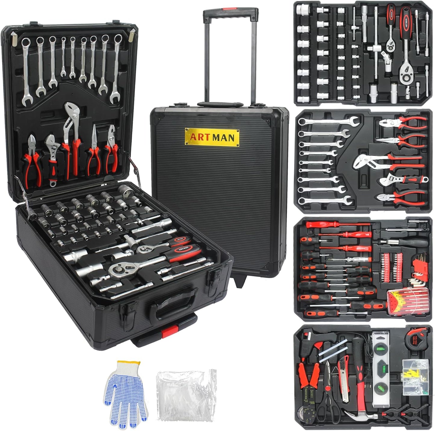 Campfun Aluminum Trolley Case - 899PCS Mechanic Tool Kit, Complete Household Hand Tool Set, Rolling Tool Box