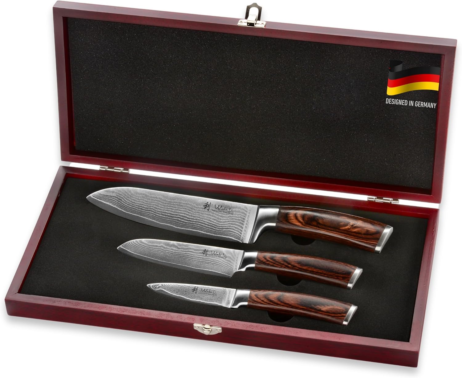 Wakoli EDIB Chef Knife Set 3-Piece \u2013 Japanese Style Damascus Kitchen Knives | Genuine Damascus Steel Blades with VG10 Core | Ergonomic Pakkawood Handles | Professional Knife Set in Wooden Gift Box