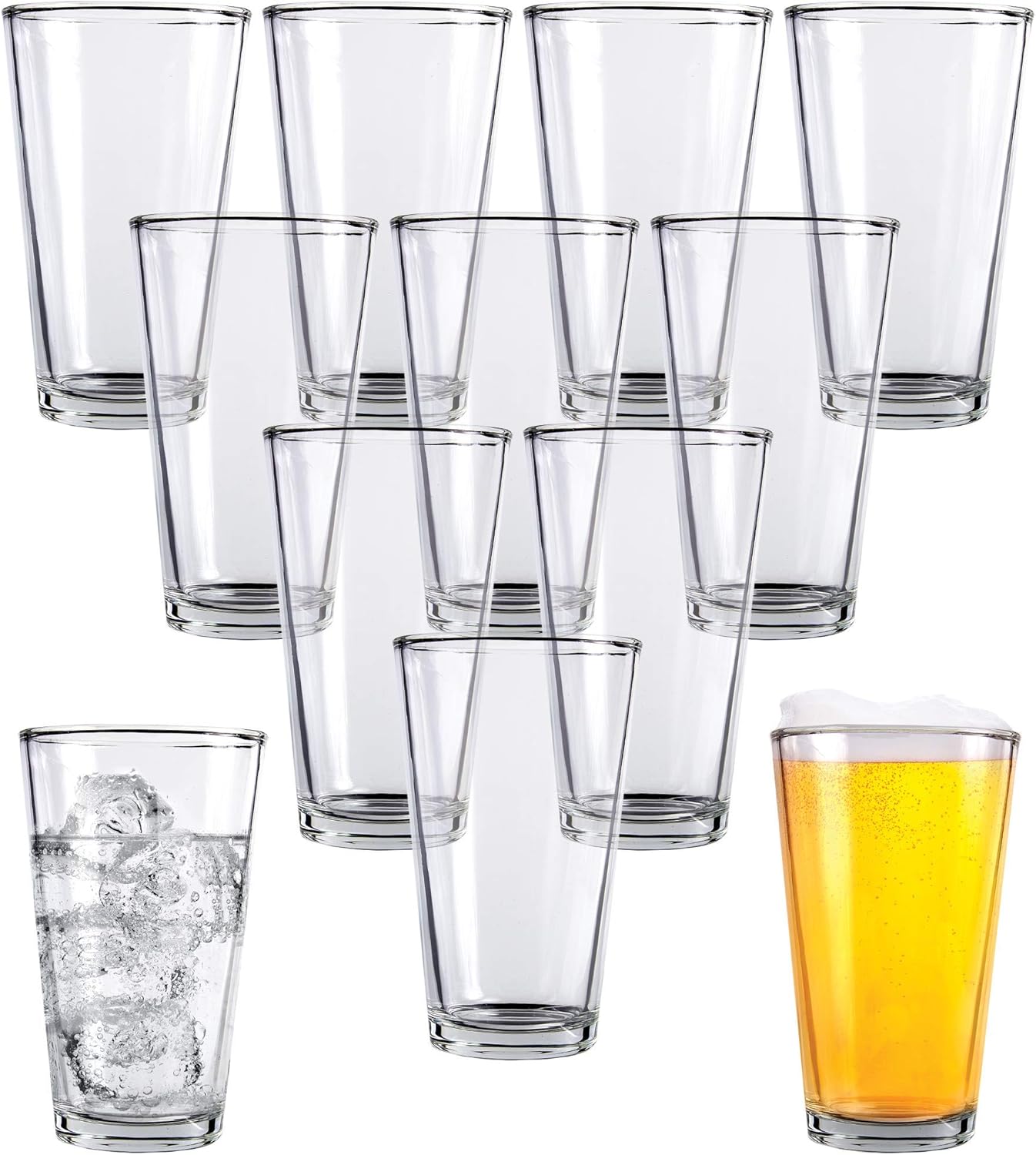 Kitchen Lux Pint Beer Glasses Set of 12 \u2013 16 oz Tall Clear Drinking Glasses and All Purpose Tumblers \u2013 Heavy Base Cocktail, Water, Juice Glass \u2013 Pub Style Design For Home Dining, Bars, and Parties