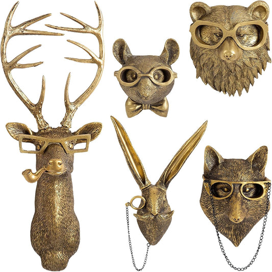 GUASDIE Animal Heads Wall Decor, Faux Deer Head Mount, Animal Sculptures Wall Decor, Resin Animal Head Wall Hanging Decoration for Living Room Bedroom Kitchen Gift,5pcs, 1587574779-65291236