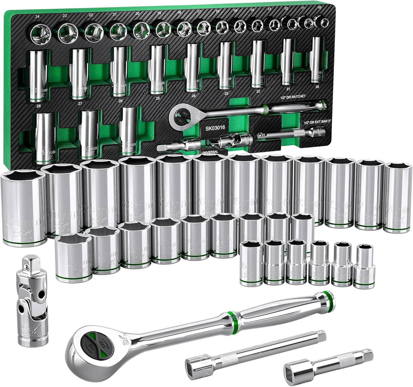 SK 1/2" Drive Socket Set with 160-P Ratchet, 31-Piece, Metric, SuperKrome Finish, Premium CR-V Construction, with EVA Foam Tool Organizer