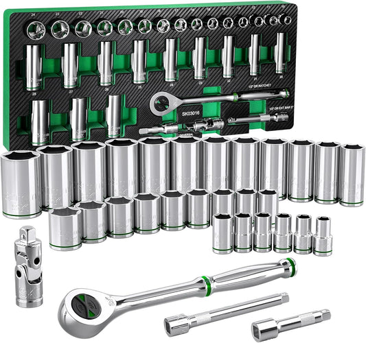 SK 1/2" Drive Socket Set with 160-P Ratchet, 31-Piece, Metric, SuperKrome Finish, Premium CR-V Construction, with EVA Foam Tool Organizer