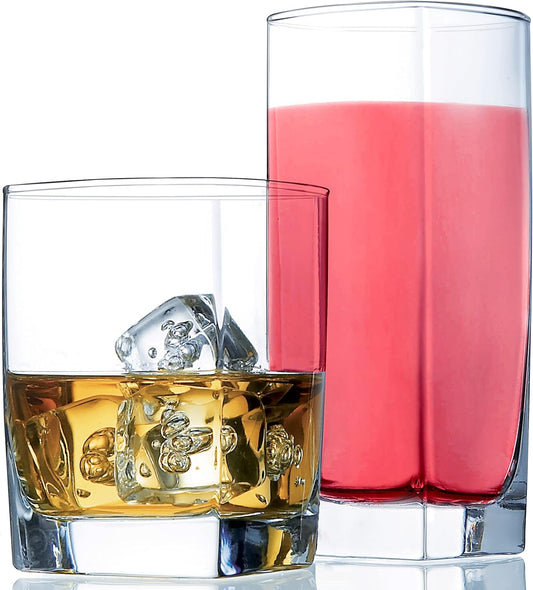 Everyday Drinking Glasses Set of 8 Drinkware Kitchen Glasses for Cocktail, Iced Coffee, Beer, Ice Tea, Wine, Whiskey, Water, 4 Tall Highball Glass Cups & 4 Short Old Fashioned.