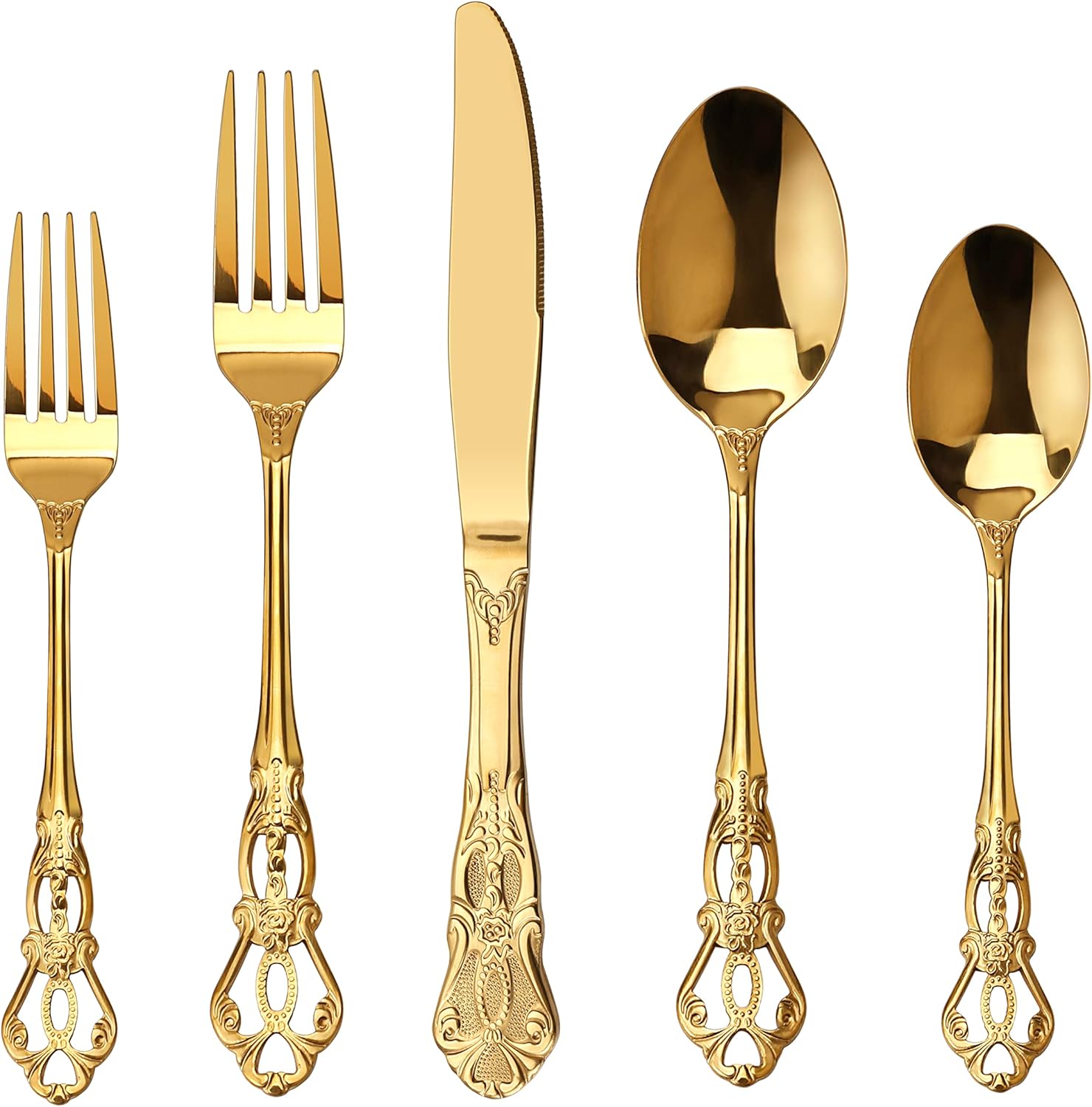 Runfly Gorgeous Retro Royal Gold Stainless Steel 20 Pieces Flatware Set, Golden Silverware Set, Anti-rust Stainless Steel Gold Cutlery Set Utensils Including Fork Spoon and Knife
