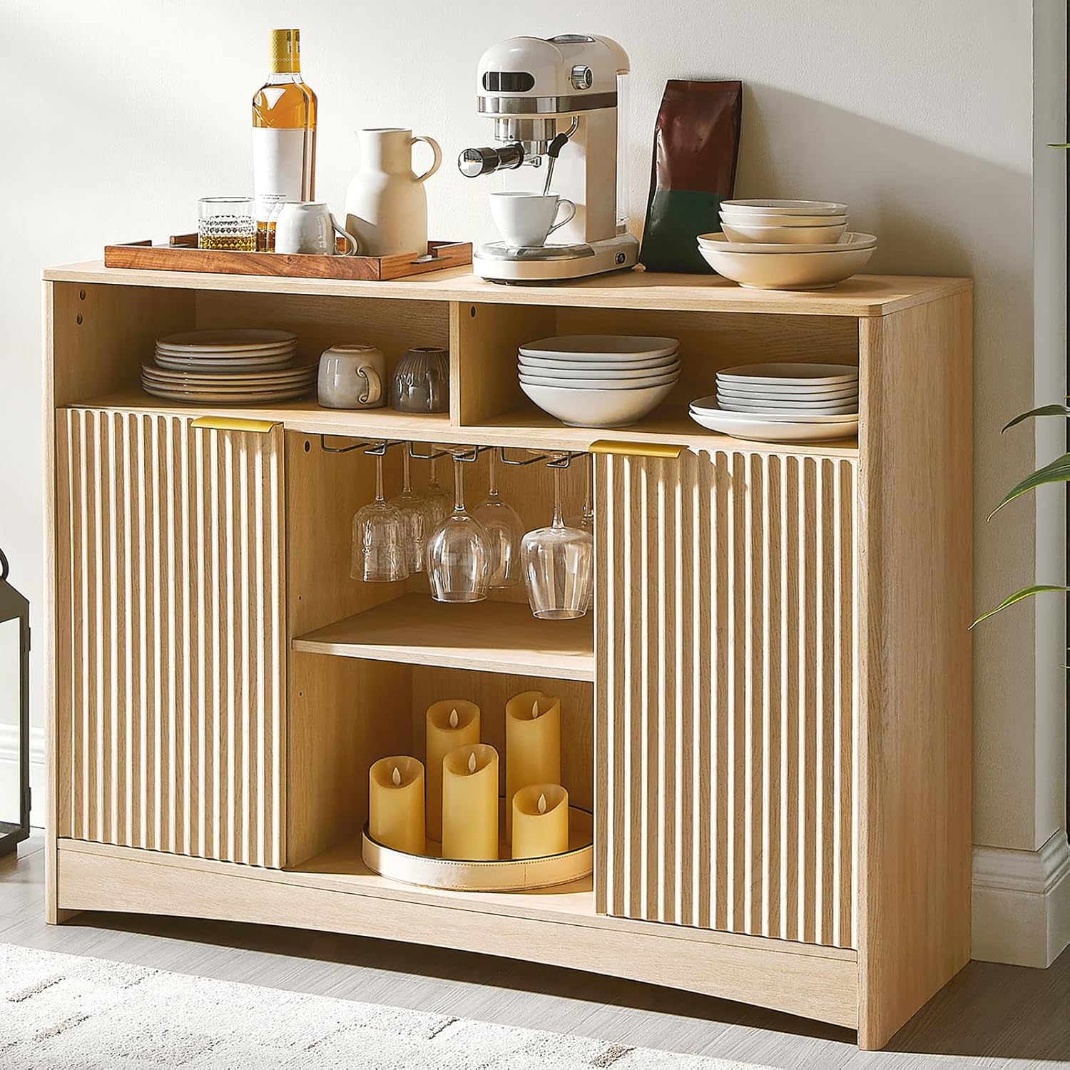 Amada Coffee Bar Cabinet with Wine Glass Rack, 47.2" Buffet Sideboard with Adjustable Shelves, Storage Cabinet for Kitchen,Entryway,Dining Room, Home Bar, Holds 200 lbs, Soft-Close Hinges,Natural Oak