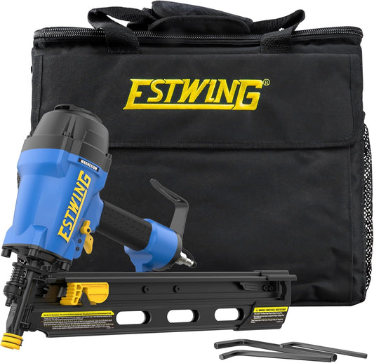 Estwing Pneumatic 21 Degree Framing Nailer, 2\u201D\u20133-1\/2\u201D Framing Nails, Lightweight Magnesium Nail Gun with Depth Adjustment, Dual Trigger & Swivel Fitting, Includes Belt Hook & Carry Bag, EFR2190