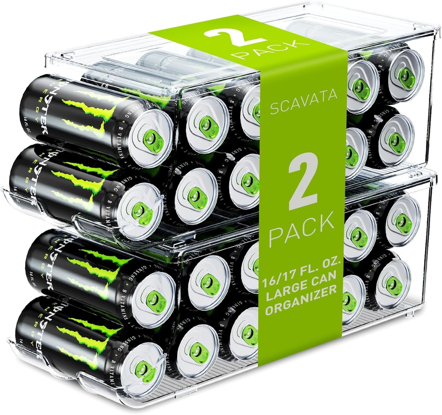 SCAVATA 2 Pack Tall Skinny Can Organizer for Refrigerator, Stackable Large Soda Cans of 16oz & 17oz Beverage Energy Drink Container Holder Dispenser with Lid for Fridge, Clear Storage Plastic Bins