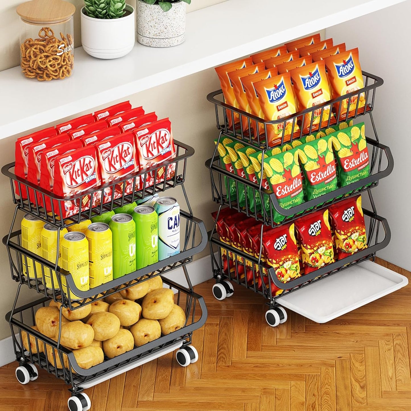 3-Tier Rolling Pantry Cart with Wheels, Stackable Wire Storage Floor Organizer for Kitchen Pantry Snack Shelves, Fruit Basket Stand, Vegetable Storage Rack for Snacks Fruits Onion Potato