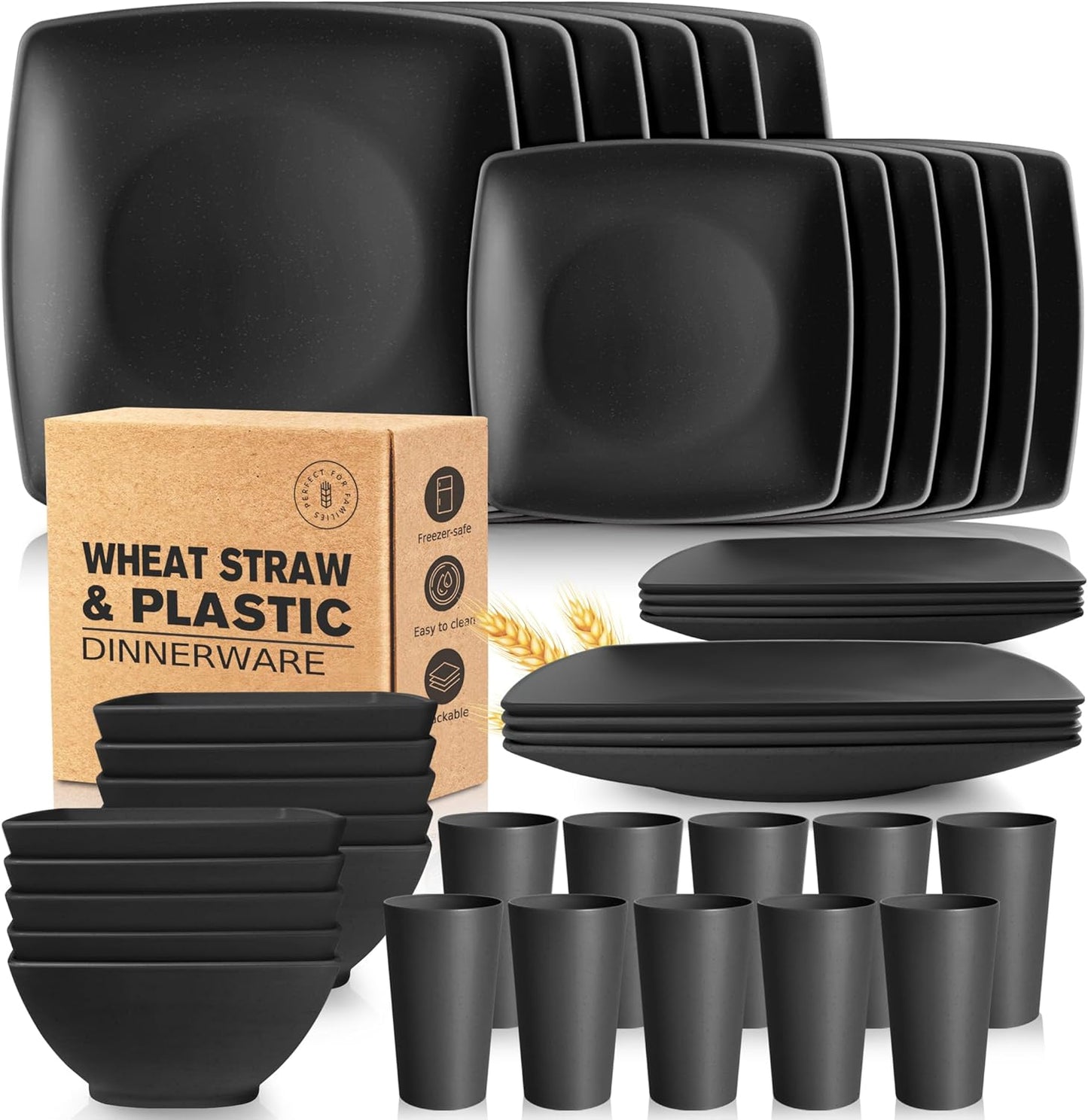 Teivio 40-piece Plastic Wheat Straw Square Dinnerware Set,Service for10, Unbreakable Dinner Plates, Salad Plates, Snack Bowls, Tumblers 13.5 oz, Dishwasher Safe, Kitchen Outdoor Camping Dish, Black