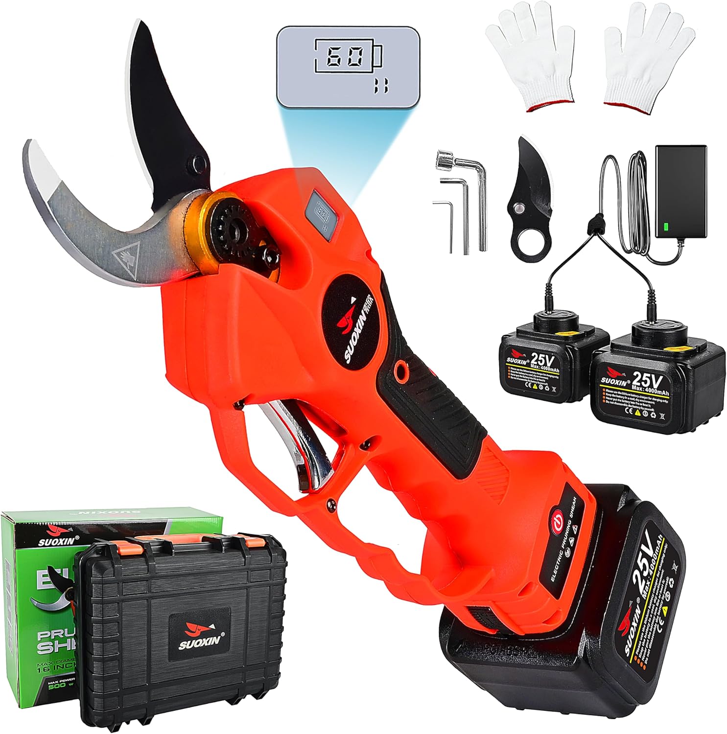 25V Electric Pruning Shears, Suoxin 1.6" Cutting diameter Brushless Cordless Tree Pruner with LCD Display, 2×4.0Ah Batteries, SK5 Blade \u2013 Professional Garden Tool for Thick Branches