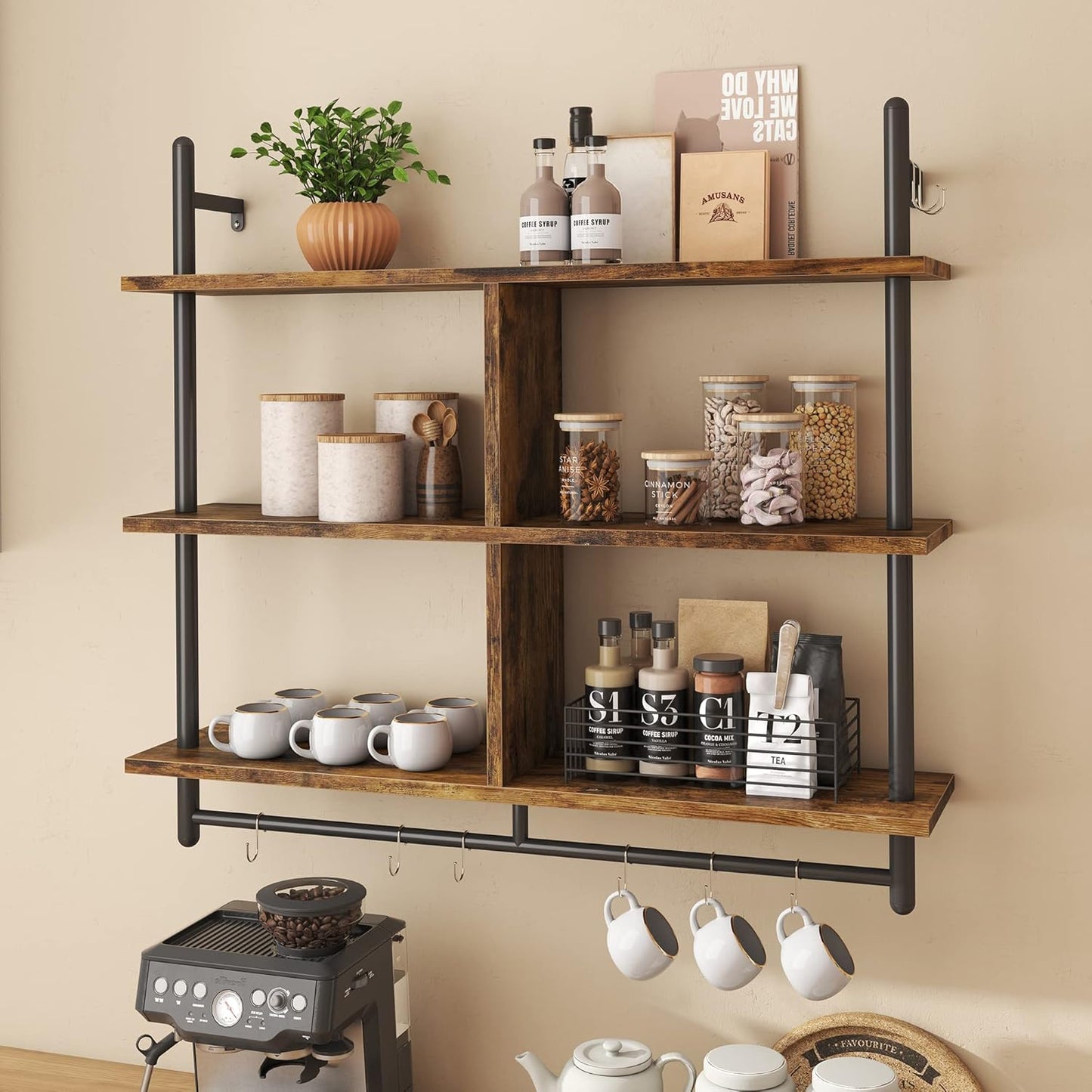Bestier Floating Pipe Shelving Kitchen Shelves Wall Mounted 3 Tier 41.5" Ladder Coffee Bar Shelf Hanging with Circular Tube, Display Bookshelf Storage for Living Room Kitchen, Rustic Brown