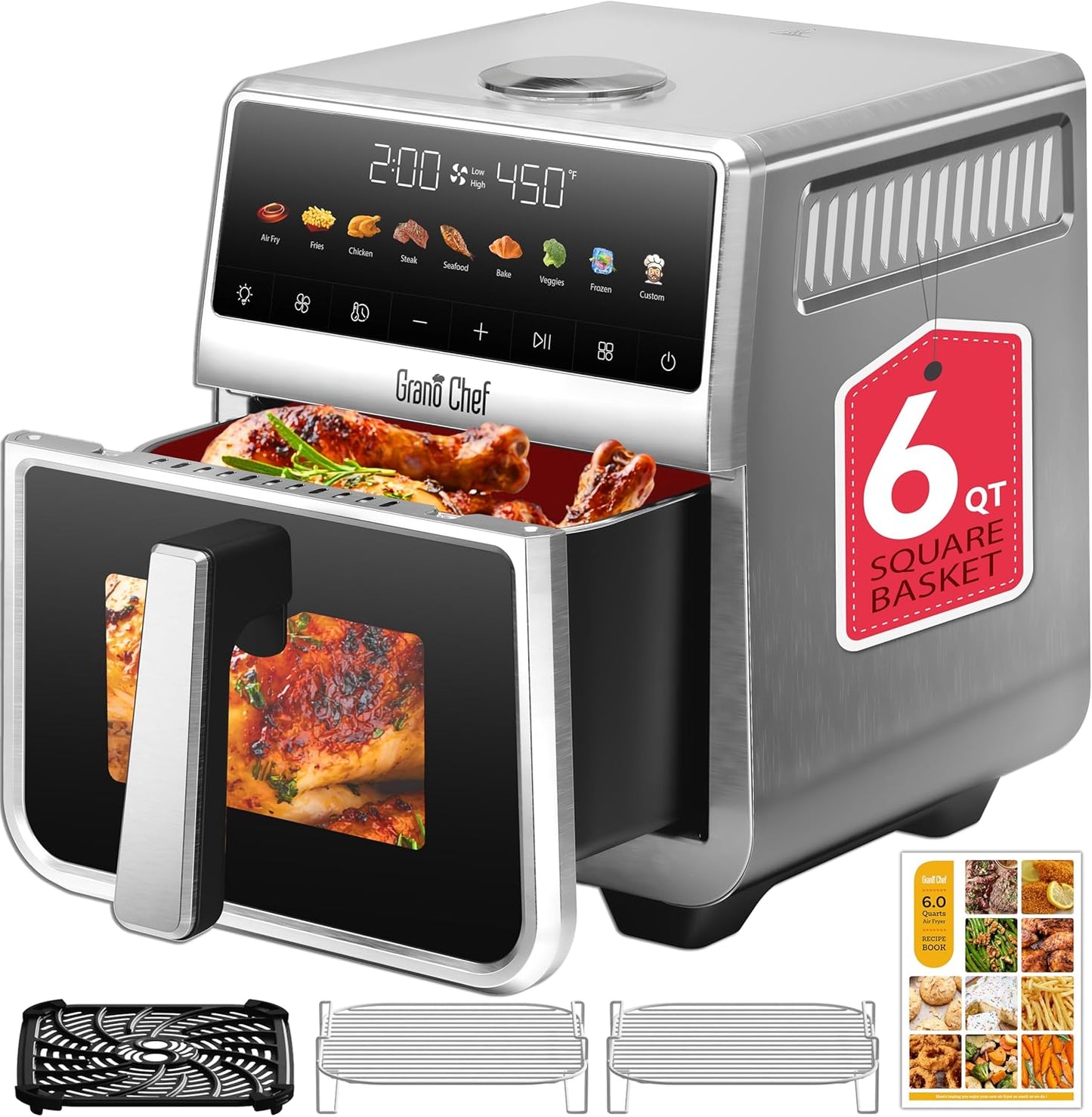 Stainless Steel Air Fryer 6 Qt, Ceramic glaze Air Fryer, Stainless Steel Housing& Full Metal Inner Pot, PTFE and PFAS Free, 9 Digital One-Touch Cook Functions,120°F~450°F, 1700W