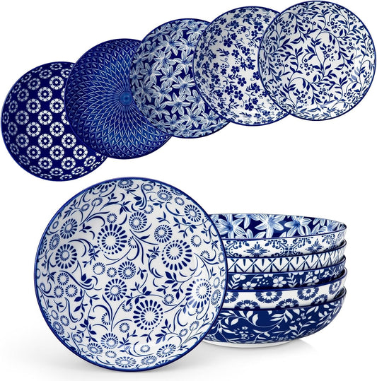 vancasso Selene 8.5" Pasta Bowls Set of 6, 40 oz Porcelain Shallow Salad Bowls, Serving Bowls Large Kitchen Bowl Plates Pasta Plates, Blue & White Floral Design, Microwave Safe