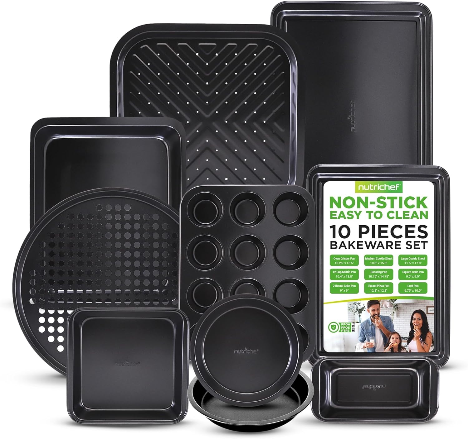 NutriChef 10-Piece Non-Stick Baking Set \u2013 Heavy-Duty Carbon Steel Bakeware Set w\/ Cookie Sheets, Muffin Pan, Roasting Pan, Cake Pan, Baking Tray, Pizza Pan \u2013 Effortless Food Release & Easy Cleanup