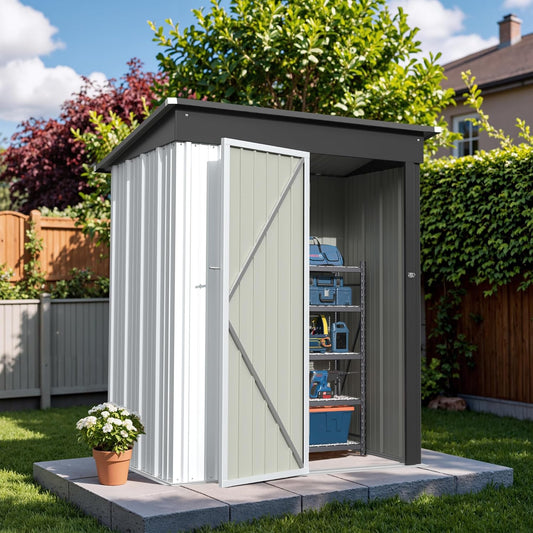 Greesum 5x3FT Outdoor Storage Shed, Utility Tool Shed Metal Storage Garden Shed with Door & Lock for Patio Storage, White