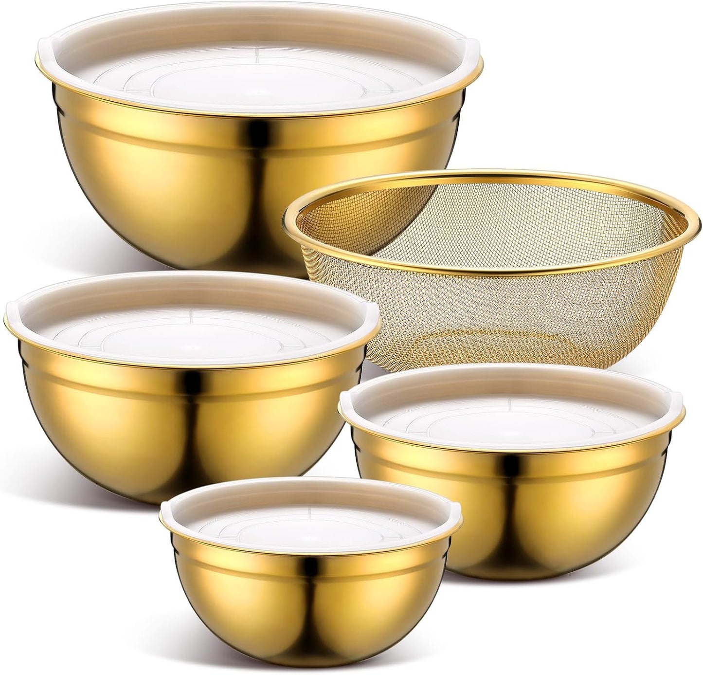 Teenyyou Gold Mixing Bowls with Airtight Lids Stainless Steel Mixing Bowl Set of 5, 4 Metal Nesting Organizers 4 in 1 Colander Non-slip Bottom Size 1.5, 2.0, 2.5, 4.0 Qt for Baking Serving Food