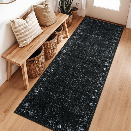 Hedlive Vintage Black Kitchen Runner Rug, 2x6 Washable Runners for Hallways Non Slip, Ultra-Thin Floor Carpet Runners for Hallway 6 ft Entryway Laundry Bedroom Bathroom(2'x6', Black)