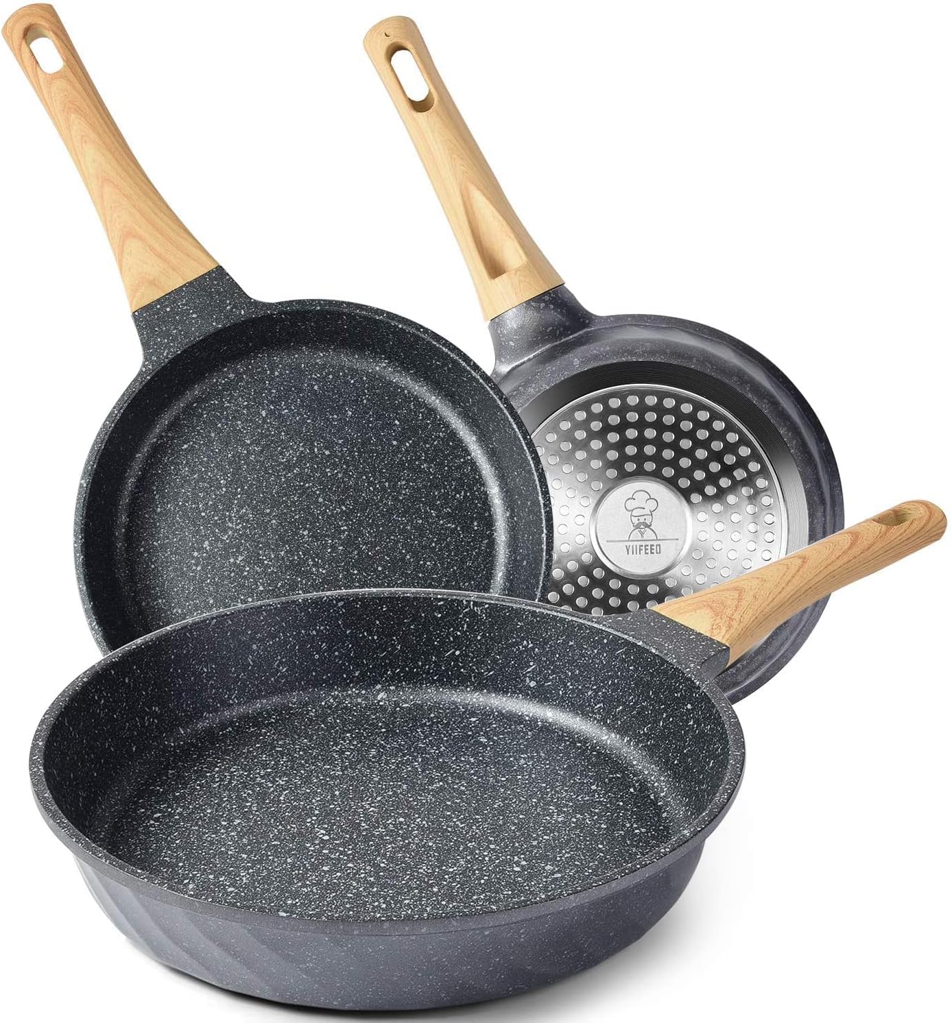 YIIFEEO Frying Pans Nonstick, Induction Frying Pan Set Granite Skillet Pans for Cooking Omelette Pan Cookware Set with Heat-Resistant Handle, Christmas Gift for Women (8" &9.5" &11")