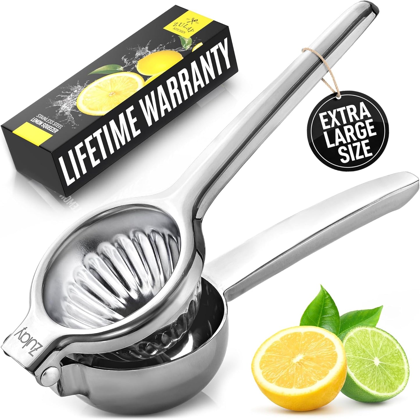 Zulay Extra Large Lemon Squeezer Stainless Steel - Easy Squeeze Heavy Duty Lemon Juicer Hand Press - Ergonomic Citrus Squeezer & Fruit Juicer for Small Oranges, Lemons, & Limes