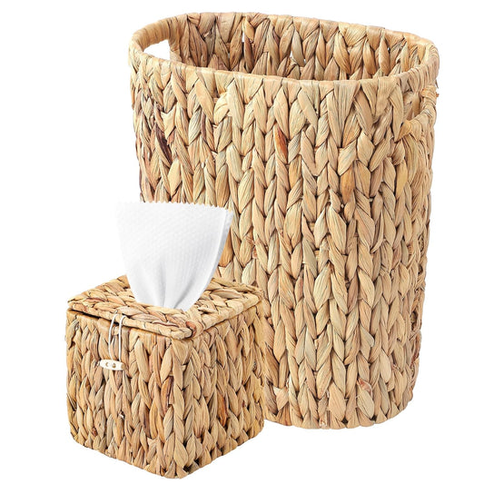 Water Hyacinth Trash Can 15L & Wicker Square Tissue Box, Handwoven Waterproof Waste Basket with Handles, Wicker Home Set for Bedroom, Bathroom, Kitchen, Office, Balcony (Khaki)