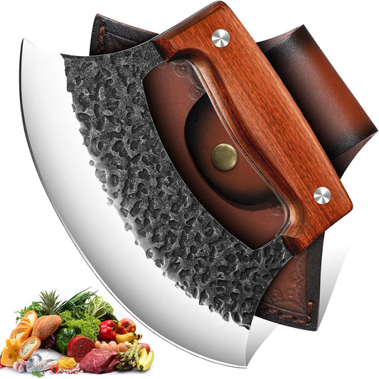 TIVOLI Hand-Forged Ulu Knife \u2013 Full Tang High Carbon Steel, Japanese-Inspired with Sheath & Gift Box, Mezzaluna Rocker Knife & Pizza Cutter for Kitchen, Camping & BBQ,Japanese Birthday Gifts for Men