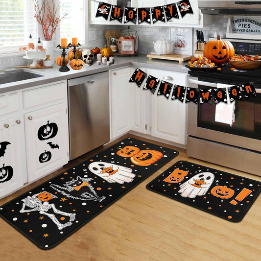 flippana Halloween Kitchen Rugs and Mats for Floor, Halloween Decorations for Home, 2 Pcs Non-Slip Backing Pumpkin Mat, Halloween Decor Holiday Kitchen Rug Sets with Runner (Boo, 17"x47.2"+17"x30")