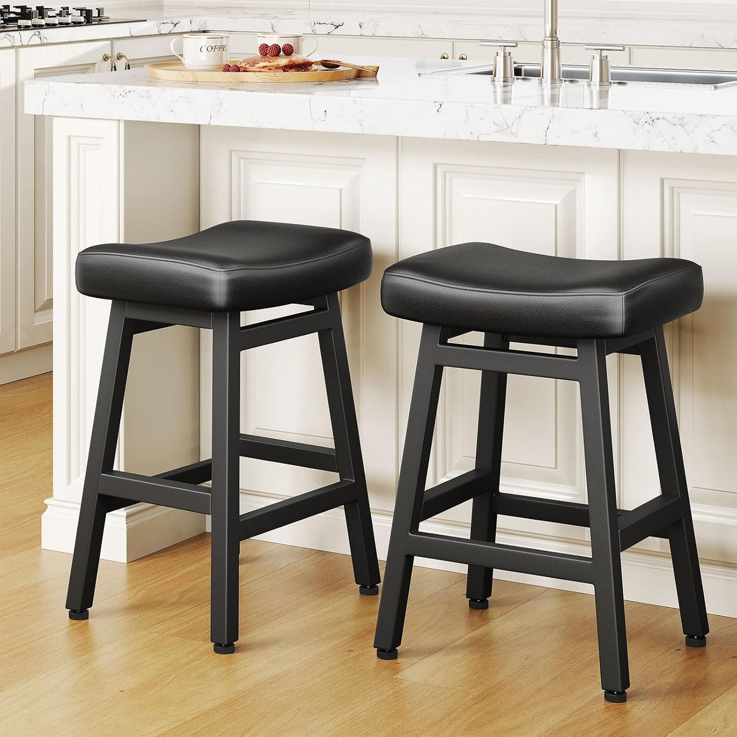 Raynesys Counter Height Bar Stools Set of 2, 24 Inch Barstools for Kitchen Counter, Kitchen Stools with Bonded Leather Saddle Seats & Heavy Duty Metal Legs, Easy Assembly, All Black