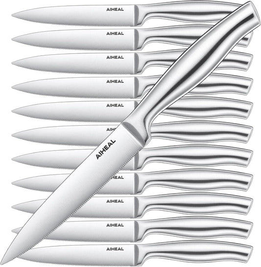 Aiheal Steak Knives, Stainless Steel Steak Knives Set of 12, Never Needs Sharpening Dinner Steak Knife Set, 4.5 Inch Sharp Micro Serrated
