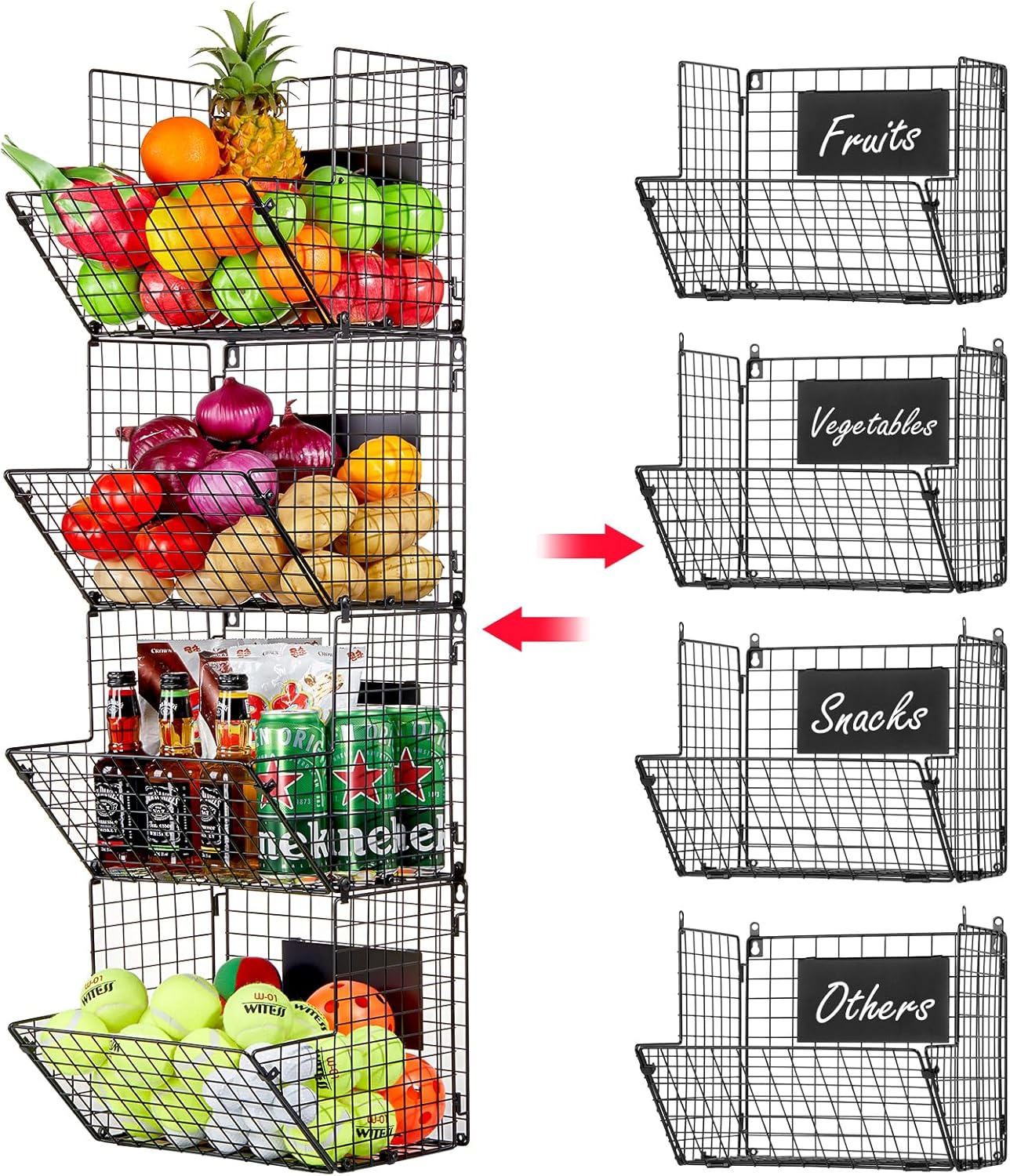 X-cosrack Metal Wire Basket Wall Mount, 4 Tier Extra Large Wall Storage Basket Organizer with Chalkboards, Kitchen Fruits and Vegetables Produce Bin Rack Toys Organizer Bathroom Tower Baskets (Black)