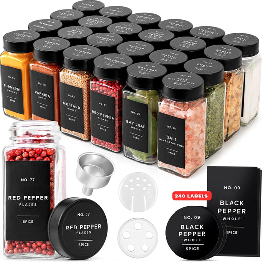 EDELHAUS Glass Spice Jars with Label and Stainless Steel Lids (24 x 4oz) Spice Containers with 240 Labels, Shaker Inserts, Steel Funnel, Empty Square Empty Square Seasoning Organizer (Black)