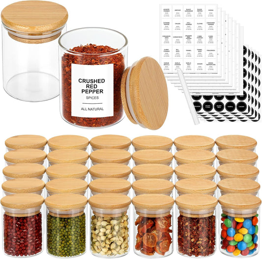 EgticHome 4OZ Glass Spice Jars with Bamboo Lids and 315 Labels, 32 Pcs Clear Food Storage Containers for Kitchen Sugar Salt Coffee Tea Beans