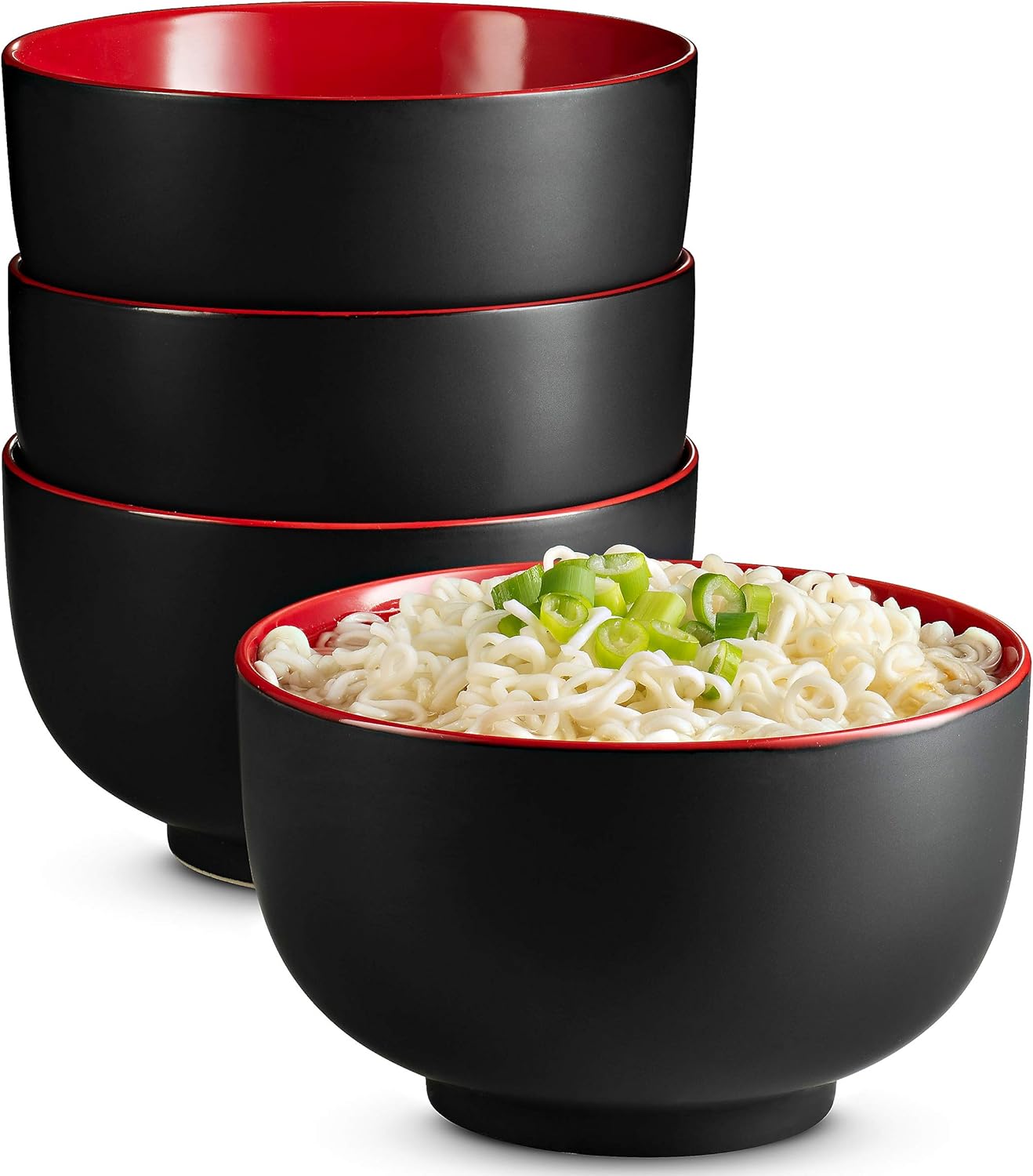 KooK Ramen Bowl, Japanese Bowls, Noodle Bowls, Large Soup Bowl, Ceramic, Large Capacity, For Ramen, Pho, Udon, Soba, Microwave and Dishwasher Safe, 34 oz, Set of 4 (Black\/Red)