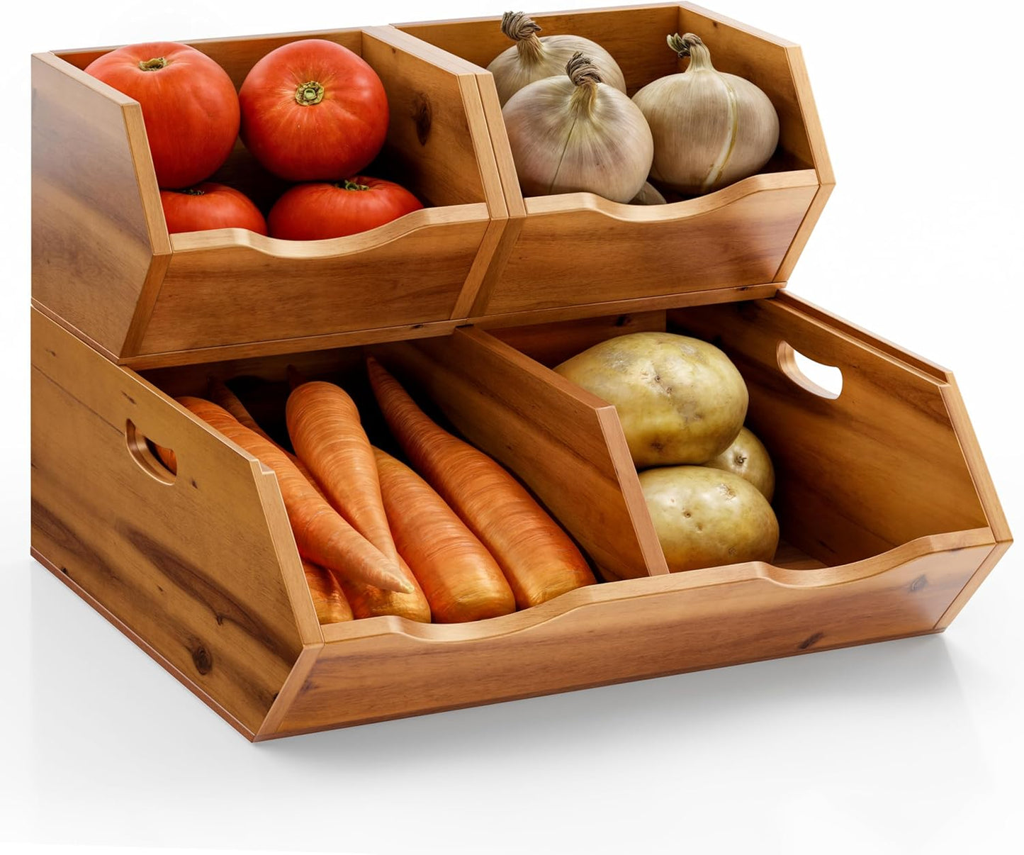 HOLANA Onion and Potato Storage Bins - Acacia Wood Pantry Baskets Organization and Storage - Wooden Stackable Baskets for Bread, Fruit, Vegetable - Onion Basket for Kitchen Counter (Patent Pending)