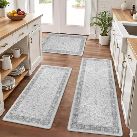 Pauwer Anti Fatigue Kitchen Mat Set of 3 Non Slip Kitchen Mats for Floor Cushioned Kitchen Rugs Comfort Standing Mat Farmhouse Waterproof PVC Foam Kitchen Floor Mat Runner, Light Grey