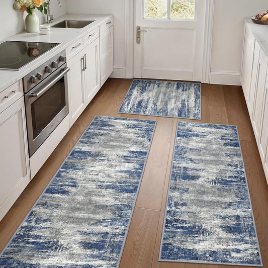 GENIMO Kitchen Rugs Sets of 3 Non Slip Washable Kitchen Mats for Floor, Waterproof Abstract Kitchen Runner Rug, Floor Mat Carpet for Hallway, Laundry, Sink, Entryway, Bathroom, Blue&Ivory