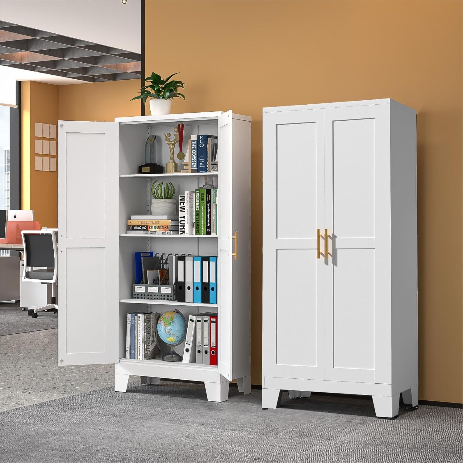 RISTERN White Metal Storage Cabinet, 61" Steel Cabinets for Home Office, Kitchen Pantry Storage Cabinet with Doors and 3 Adjustable Shelves, Tool Cabinet, for Office, Home, Garage, School