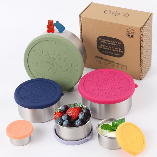 Alpine Elevation 12 Pcs - 6 Stainless Steel Containers + 6 Silicone Lids | 304 Stainless Steel Snack Container | Nesting Snack and Dip Containers | Metal Food Storage