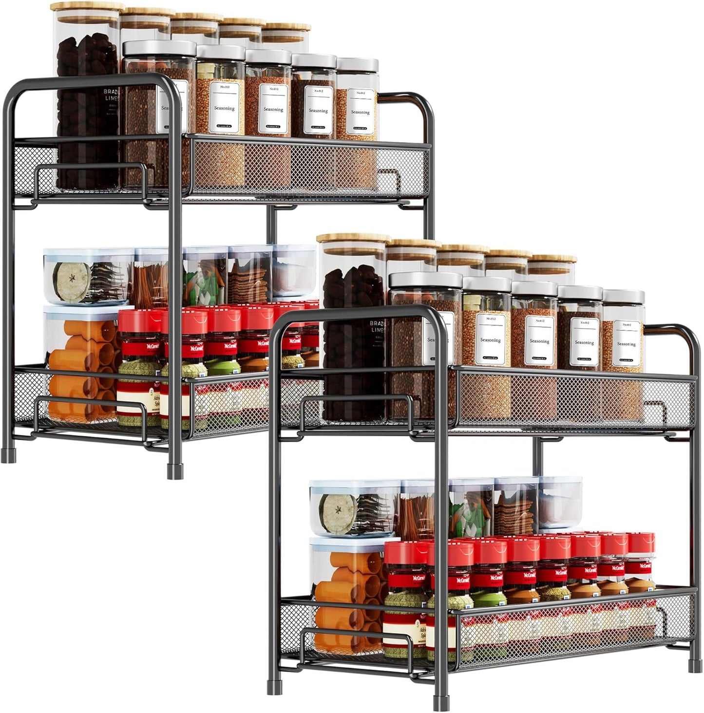 Xpatee Spice Rack Organizer for Countertop 2 Pack, 2-Tier Counter Foldable Metal Standing Large Seasoning Storage Shelf for Kitchen Cabinet Bathroom Living Room Pantry Office, Black