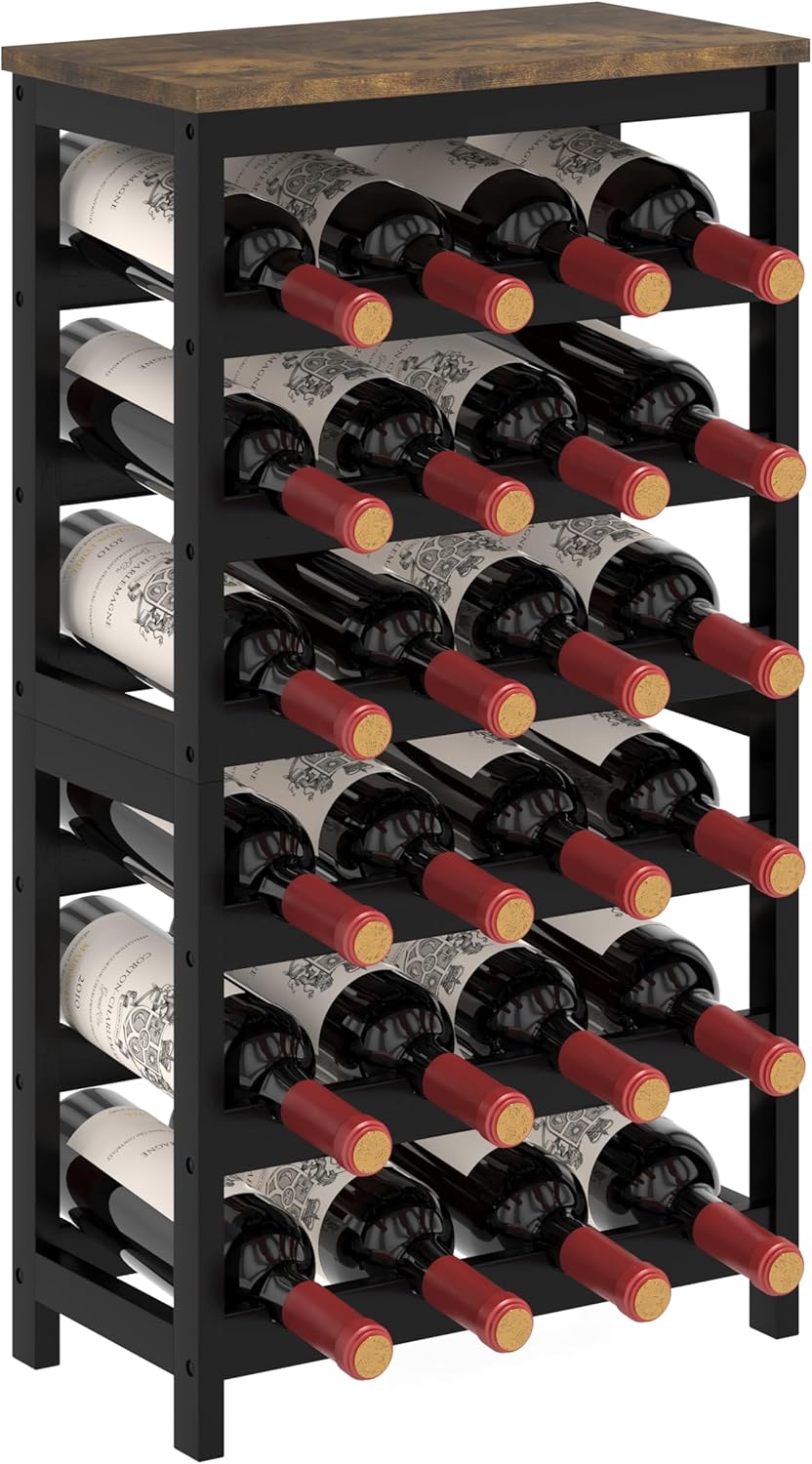 MOGELAFOO 6 Tier Bamboo Wine Rack Freestanding Floor, 24 Bottles Wine Storage Shelves with Table Top, Stackable Wine Display Rack for Kitchen, Bar, Dining Room, Rustic Brown and Black