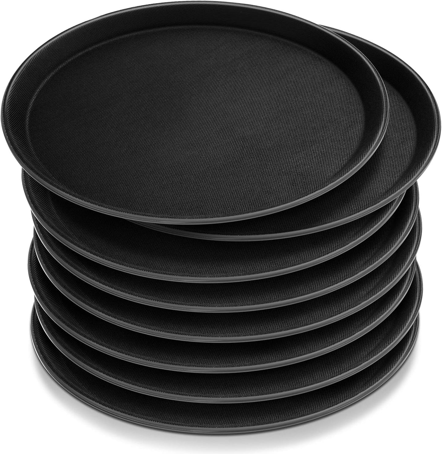 Zopeal 8 Pieces Black Round Restaurant Serving Tray, Plastic Non Slip Surface Food Meals Server Tray with Raised Edges for Home, Kitchen, Restaurant, Cafeteria, Bar (11")