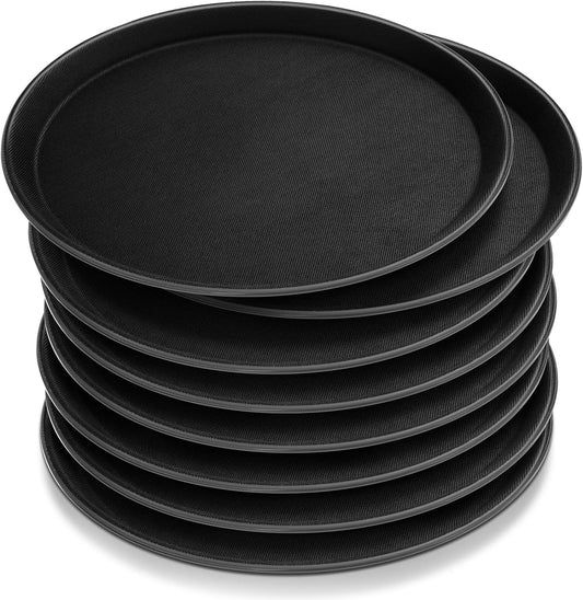 Zopeal 8 Pieces Black Round Restaurant Serving Tray, Plastic Non Slip Surface Food Meals Server Tray with Raised Edges for Home, Kitchen, Restaurant, Cafeteria, Bar (11")