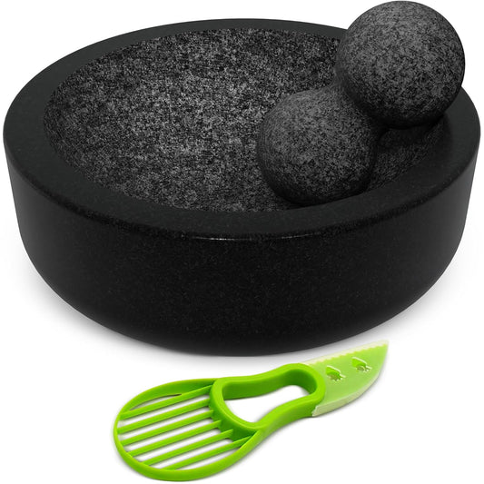 Umien™ Granite Mortar and Pestle Set - 100% Granite - 3.5-Cups - 8-Inch \u2013 Avocado Tool Included \u2013 Natural Stone Molcajete for Spices, Pestos, & Guacamole (Black) - Stone Grinder - Guacamole