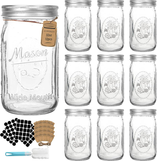 CycleMore Wide Mouth Mason Jars 32 oz, 12 Pack Large Glass Mason Jar with Metal Airtight Lids and Bands, 1 Quart Canning Jars for Pickling, Fermenting, Food Storage & DIY Projects