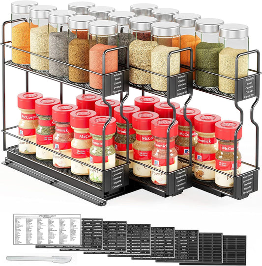 SpaceAid Pull Out Spice Rack Organizer for Cabinet, Heavy Duty Slide Out Seasoning Kitchen Organizer, Cabinet Organizer, with Labels, 7.7" W x10.75 D x10 H, 3 Drawers 2-Tier