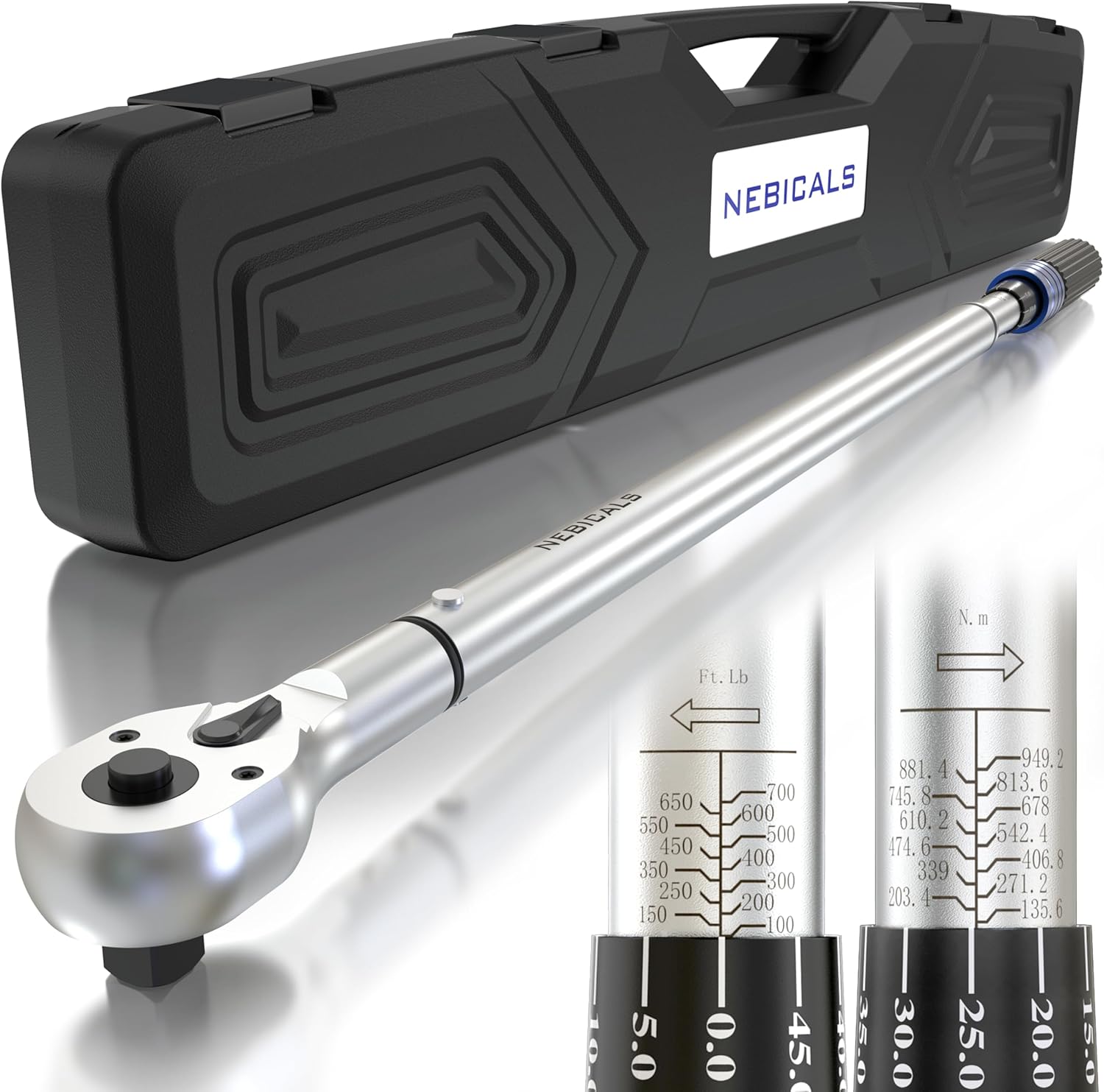 NEBICALS 3\/4'' Inch Drive Torque Wrench 100-700 Ft Lb \/ 135-949NM \/High hardness & strength\/Long lifetime\/Less effort for Off-road equipment\/Truck\/Motor homes\/Drilling platform\/Excavator